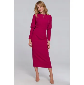 Dámské šaty ELEGANTNÍ DÁMSKÉ ŽENSKÉ ŠATY MIDI S PUFF RUKÁVY RŮŽOVÉ 36 S