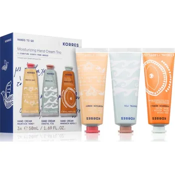 Kosmetická sada Korres Moisturizing Hand Cream Trio Korres Mountain Honey hydratační krém na ruce s mandlovým olejem 50 ml + Korres Coastal Fig hydratační krém na ruce s mandlovým olejem 50 ml + Korres Mandarin Neroli hydratační krém na ruce s mandlovým olejem 50 ml kosm