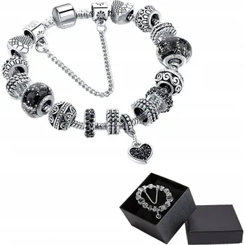 Náramek Stříbrný modulární náramek s černým přívěskem srdce, korálky a charms, 18 cm DIY
