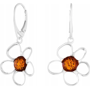 Náušnice Stříbrné Náušnice Květiny s Jantarem Zavírací Náušnicové Háčky Visací Kytičky 925