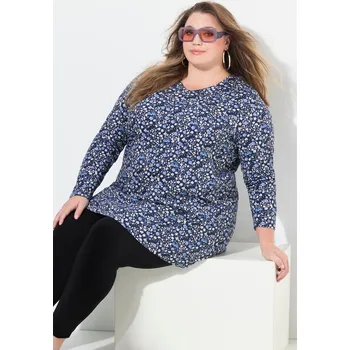 Dámské tričko Ulla Popken, Plus size Dlouhé tričko, vzorované, A střih, výstřih do V, dlouhé rukávy pro plnoštíhlé nadměrná velikost, 834236130-1129, modrý, 46/48, Nadměrné velikosti, Plus size oblečení, Oblečení pro boubelky, Oblečení pro baculky, Oblečení pro plnoští