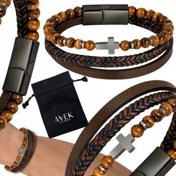 Náramek PÁNSKÝ NÁRAMEK KOŽENÝ NÁRAMEK HNĚDÝ ŠIROKÝ KŘÍŽ OCEL JAKO DÁREK 21 CM