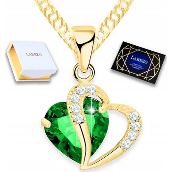 Náhrdelník Zlatý Náhrdelník Zelené Křišťálové Dvojité Srdce Křišťály STŘÍBRO 925