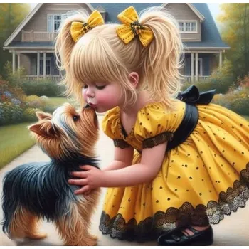 Obraz Malování Podle Čísel Pes a Dívka ve Žlutých Šatech 40x50 s Rámem