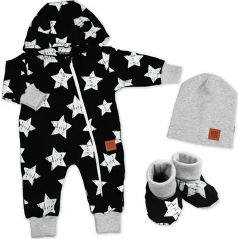 Kojenecký overall Baby Nellys Rostoucí teplákový overal, čepice, botky, 3D, Nature Star - černý, 56/62