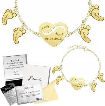 Náramek Zlatý náramek Srdce Stopy s Jmény Dětí 925 Dárek GRAVÍROVÁNÍ DÁREK