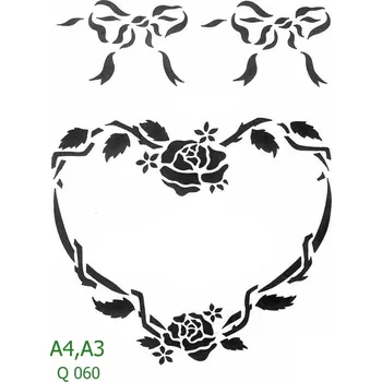 Plastová šablona pro malování - Srdce a věnečky - Srdce s růží a mašlemi (Q060) - A4 , Nelepící folie
