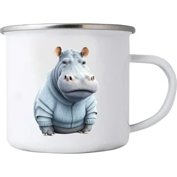 Bílý plechový hrnek 380ml s obrázkem - hroch v mikině