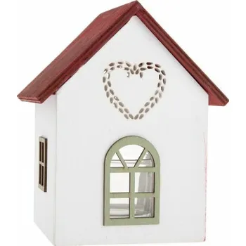 Svícen Dřevěný svícen se sklem Domek se srdíčkem, 15 cm, červená