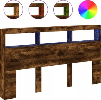 Postel Záhlaví postele s policemi a LED osvětlením, kouřový dub, 180x17x102 cm