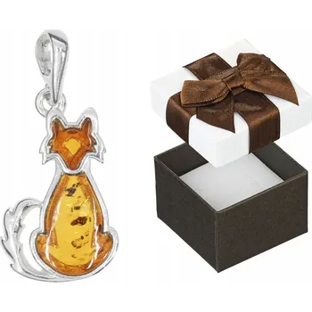 Přívěsek Stříbrná Liška Přívěsek s Jantarem Stříbro 925 Závěs Liška na Řetízek