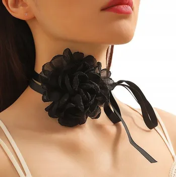 Náhrdelník CHOKER Ozdobný náhrdelník na krk KVĚT růže STUHA elegantní černý