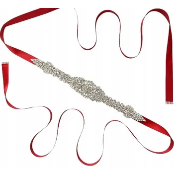 Opasek Elegantní Pásek k Večerním Šatům Červený na Stuze s Diamantíky