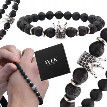 Náramek PÁNSKÝ NÁRAMEK KORÁLKOVÝ ČERNÝ STŘÍBRNÝ Z LÁVOVÉHO KAMENE KORUNKA DÁREK