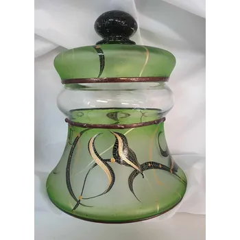 Dóza na potraviny Dóza ručně foukaná dekorováná barvami a kovem - zelená barva s květem