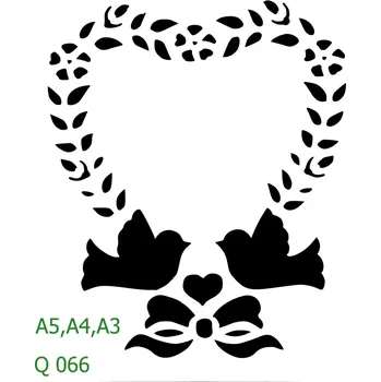 Plastová šablona pro malování - Srdce a věnečky - Srdce s ptáčky (Q066) - A5 , Lepící fólie