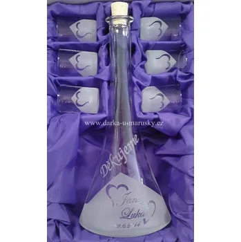 Svatební dekorace Pískovaná velká svatební sada 6 + 1 - Půlená srdíčka - Děkujeme