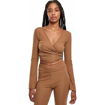 Urban Classics Dámské crop top zavinovací tričko s dlouhým rukávem Barva: hnědá světlá, Velikost: L
