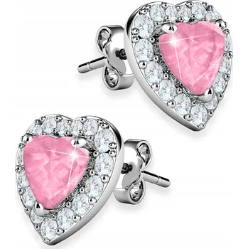 Náušnice Stříbrné Náušnice se srdcem 925 Lesklé růžové srdce Krystaly Láska Srdíčka