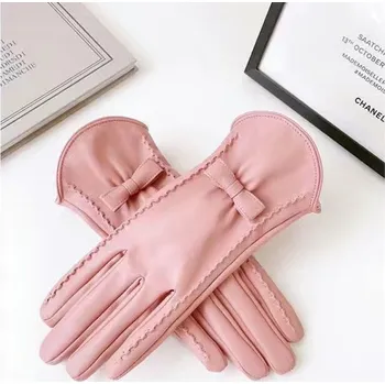 Rukavice Růžové dámské RUKAVICE s ozdobnou koženou mašlí na podzim/zimu