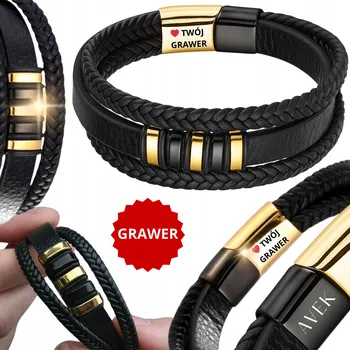 Náramek PÁNSKÝ KOŽENÝ NÁRAMEK S GRAVÍROVÁNÍM GRAVÍROVÁNÍ ČERNÝ ZLATÝ Z KŮŽE 23 CM