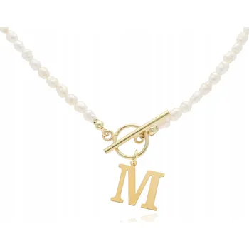 Náhrdelník Zlatý náhrdelník choker s PRAVÝMI PERLAMI a PÍSMENEM, stříbro 925