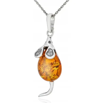 Přívěsek Stříbrný Náhrdelník Myška s Jantarem - přívěsek na řetízku