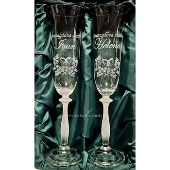 Svatební dekorace Svatební skleničky na sekt Angella - Prstýnky v růžích - Smaragdová svatba