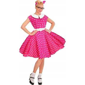Karnevalový kostým KOSTÝM DÁMSKÝ ŠATY HORKÁ RŮŽOVÁ RŮŽOVÉ puntíky 50. LÉTA PŘEVLEK S
