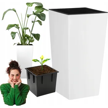 Květináč Květináč na terasu s vložkou 19,5 x 37,5 cm, plastový, matný, vysoký, bílý