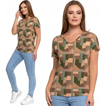 Dámská halenka DÁMSKÁ BLŮZKA S KRÁTKÝM RUKÁVEM S GEOMETRICKÝM VZOREM MORAJ HNĚDÁ XXL