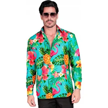 Pánská košile PÁNSKÁ KOŠILE DLOUHÝ RUKÁV TYRKYSOVÁ HAVAJSKÁ PLAMEŇÁK ANANAS KARNEVAL PÁRTY XXL
