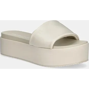 Dámské pantofle Pantofle Calvin Klein Jeans FLATFORM SANDAL SLIDE IN NYLON dámské, béžová barva, na platformě, YW0YW01791 12X, EUR 39