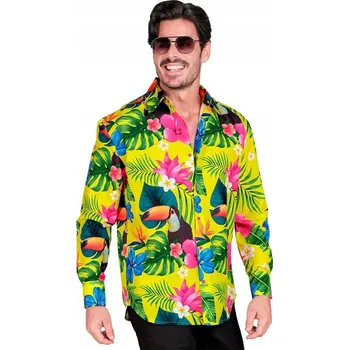 Pánská košile PÁNSKÁ KOŠILE ŽLUTÁ HAVAJSKÁ KVĚTINOVÁ DLOUHÝ RUKÁV KARNEVAL S/M