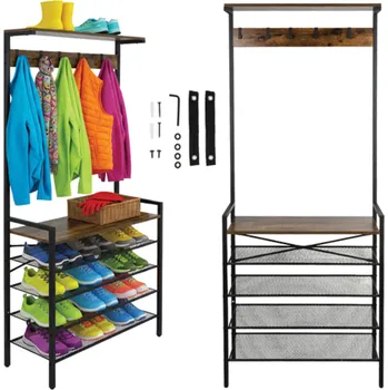 police Stojanová police s věšákem - kovový loftový organizér do chodby se 4 policemi a háčky