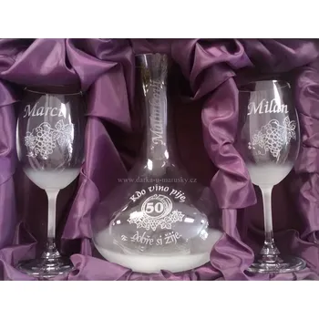 Pískovaná souprava Adéla 2+1 - Karafa č.2 + dvě vínové skleničky- dekor Soudek