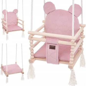 Dětská houpačka Kbelíková houpačka Tuluszka dřevěná Medvídek 3v1 starorůžová 30 kg 9 m+