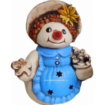 Zahradní dekorace Svícník sněhulačka malá - modrá, mrazuvzdorná keramika