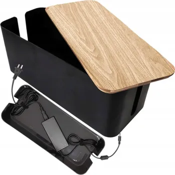 Úložný box ORGANIZÉR ZÁSOBNÍK NA KABELY LIŠTY KRABIČKA M VELKÝ STOLNÍ ČERNÝ DŘEVO