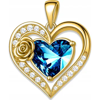 Přívěsek Zlatý přívěsek na řetízek Modré křišťálové srdce s růží STŘÍBRO
