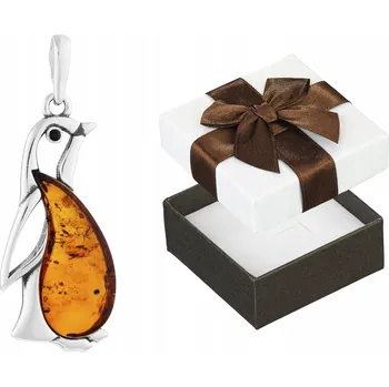 Přívěsek Stříbrný Oxidovaný Přívěsek Tučňák s Jantarem a Zirkony Stříbro 925