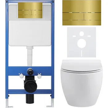 WC sada CERANO - Kompletní podomítkový WC set Lite/Dure - bílá lesklá - WC tlačítko Line, zlatá - předstěnová instalace - 51,5x35 cm