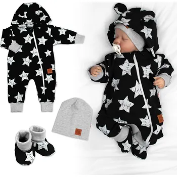 Kojenecká souprava Baby Nellys Rostoucí teplákový overal pro miminko, čepice, botky, 3D, Nature Star - černý Velikost: 80/86 (12-18m)