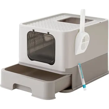 Toaleta pro kočku FEANDREA Zásobník na kočičí stelivo, 54.3x42.5x37.8cm, šedý Skládací výsuvný box na kočičí stelivo