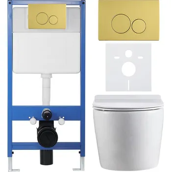 WC sada CERANO - Kompletní podomítkový WC set Lite/Felci - bílá lesklá - WC tlačítko Duo, zlatá - předstěnová instalace - 52,5x36 cm