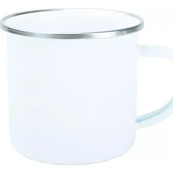 Smaltovaný plechový bílý hrnek 12 Oz se stříbrným lemem - bez nálepky