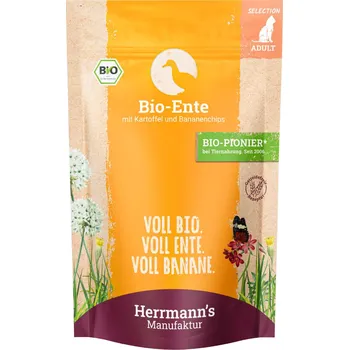 Krmivo pro kočku 12x100g Herrmanns Selection bio kachní s bio bramborami a bio banánovými chipsy vlhké krmivo pro kočky