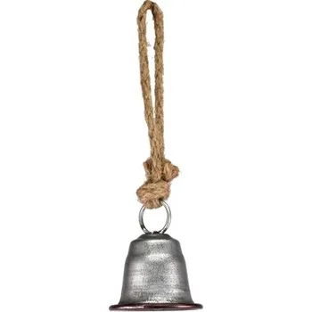 Vánoční dekorace Kovový zvonek stříbrný na jutovém provaze 7x5,8x25 cm
