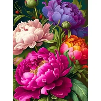 Diamantové malování Diamantové malování/Homfun - Barevné pivoňky + třpytivé kamínky