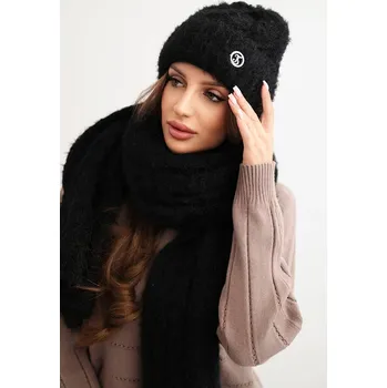 Šála Polski Dámská souprava čepice a šály s proužkem s ozdobou - výprodej Barva: Černá, Velikost: UNI